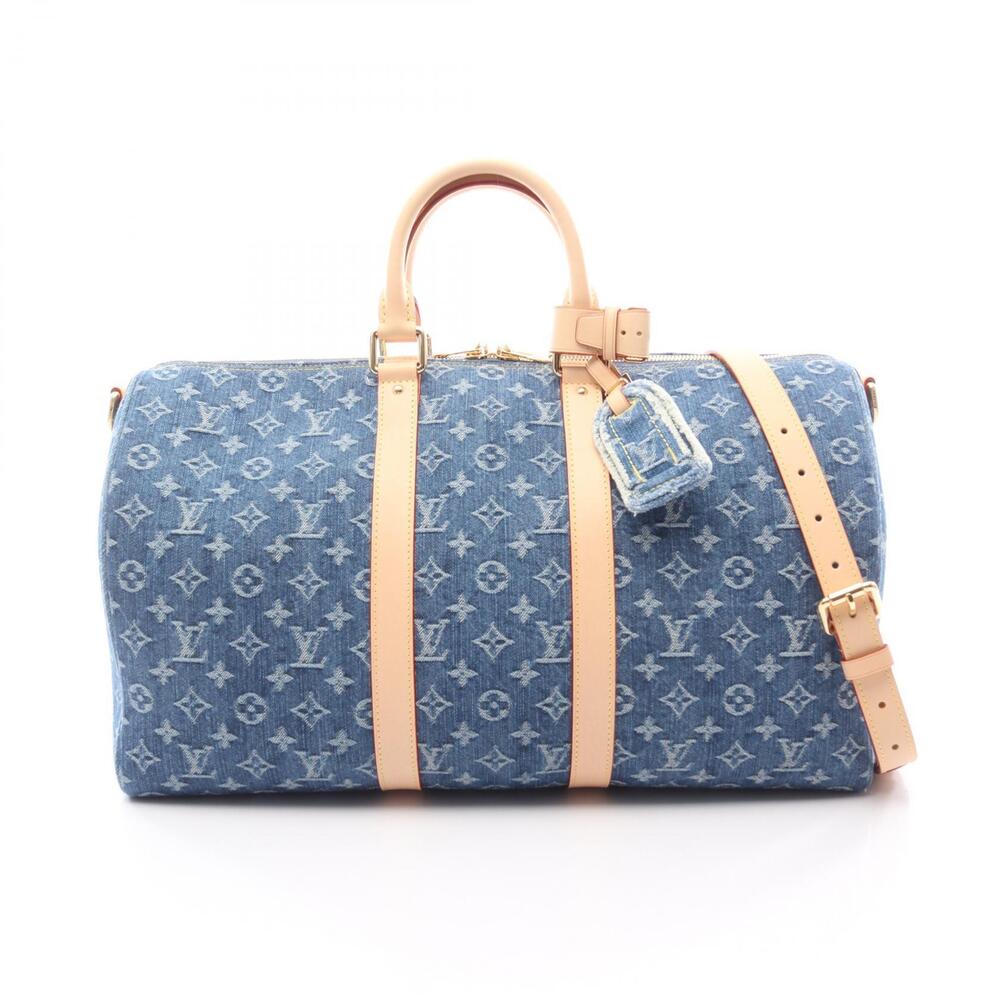 Louis Vuitton Keepall Bandouliere Denim Leather Monogram Travel Bag Blue